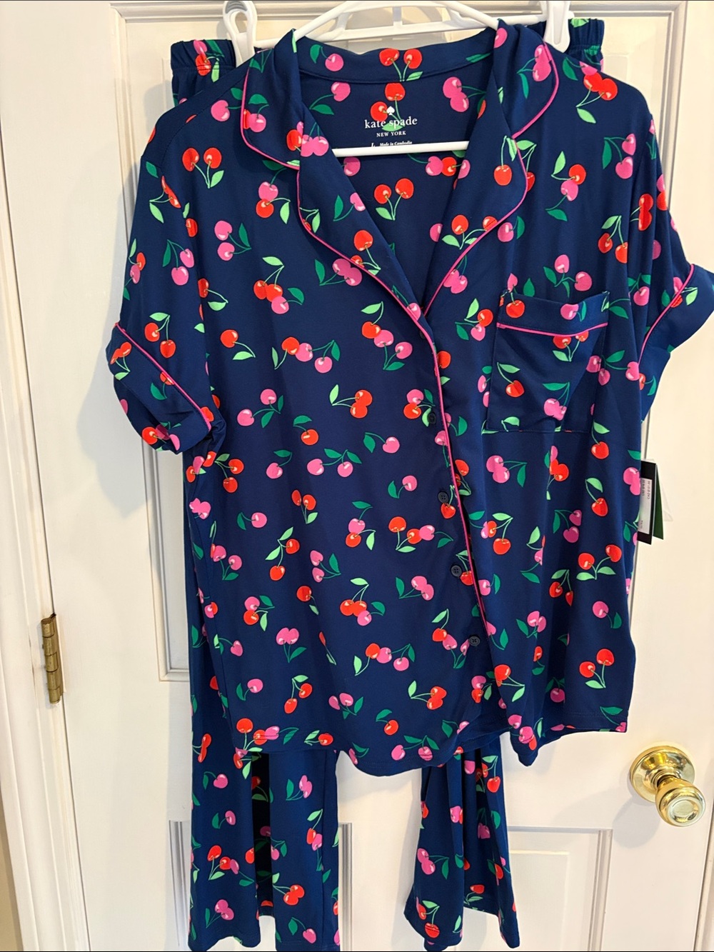 kate spade navy cherry print pajama set with red and pink cherries size medium b
